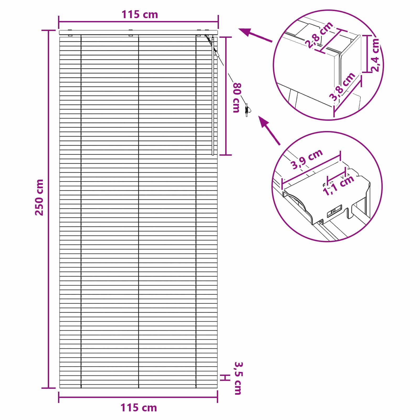 Jaloezie Wit 115 x 250 cm 35 mm Massief Paulowniahout