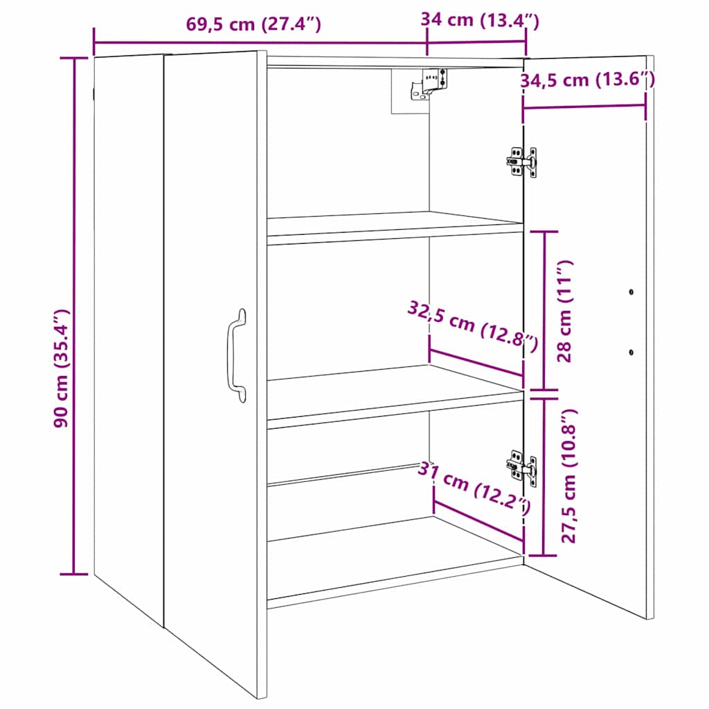 Hangkast met plank Wandgemonteerd met de deur Oud hout 69.5 x 34 x 90 cm Bewerkt hout