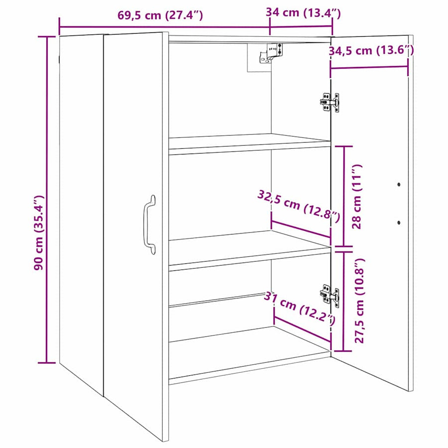 Hangkast met plank Wandgemonteerd met de deur Oud hout 69.5 x 34 x 90 cm Bewerkt hout