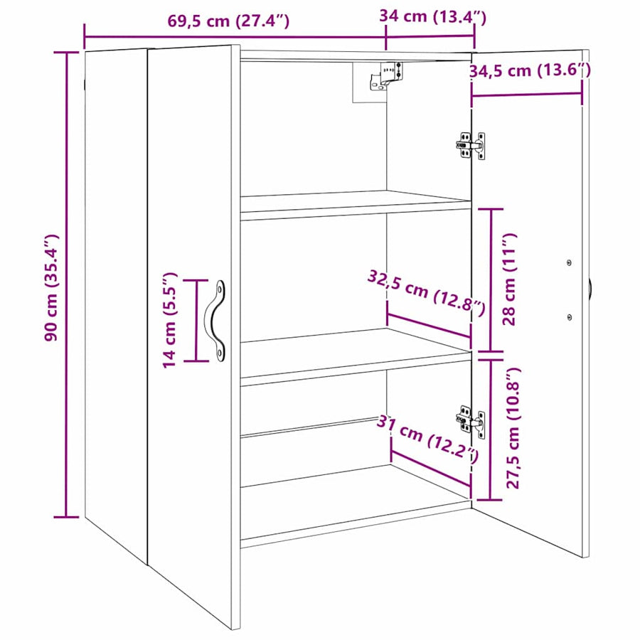 Wandkast Wandgemonteerd Zwart 69.5 x 34 x 90 cm Bewerkt hout