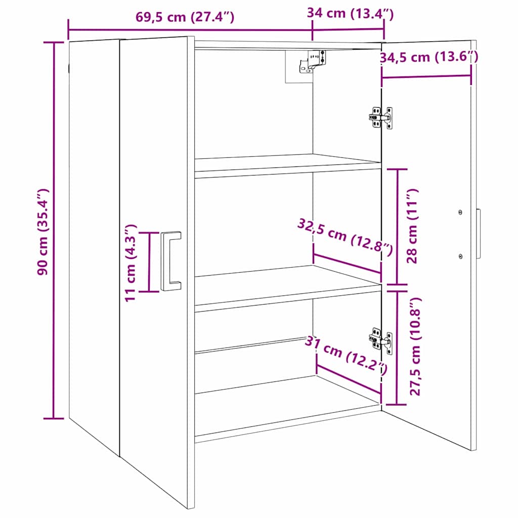 Wandkast Wandgemonteerd Zwart 69.5 x 34 x 90 cm Bewerkt hout