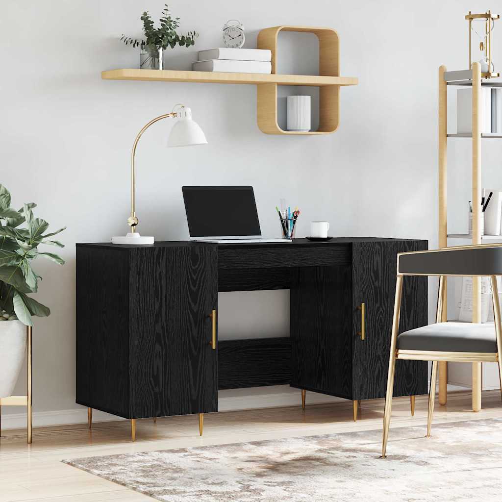 Bureau met plank met opslag Zwart eiken Bewerkt hout