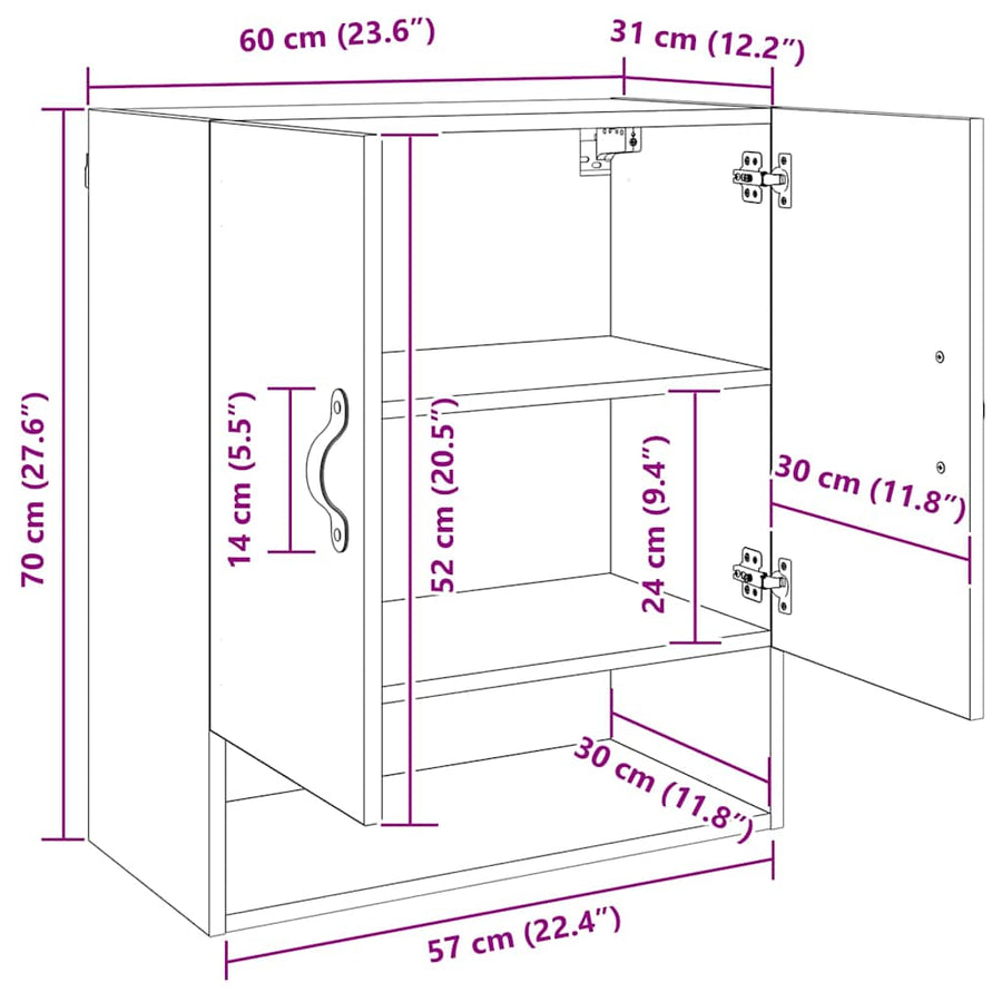 Wandkast artisanaal eikenkleurig 60 x 31 x 70 cm Bewerkt hout