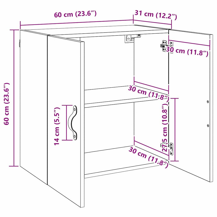 Wandkast artisanaal eikenkleurig 60 x 31 x 60 cm Bewerkt hout