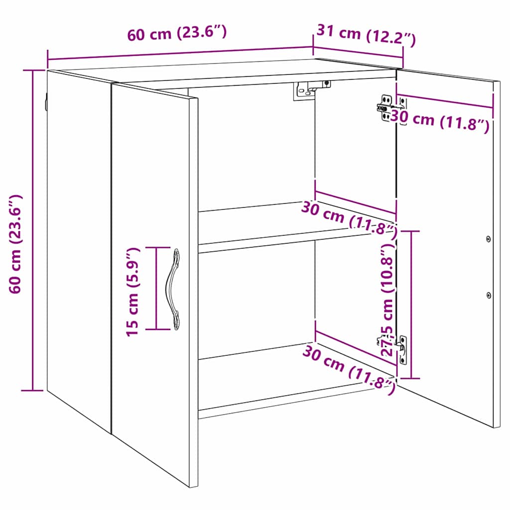 Wandkast artisanaal eikenkleurig 60 x 31 x 60 cm Bewerkt hout