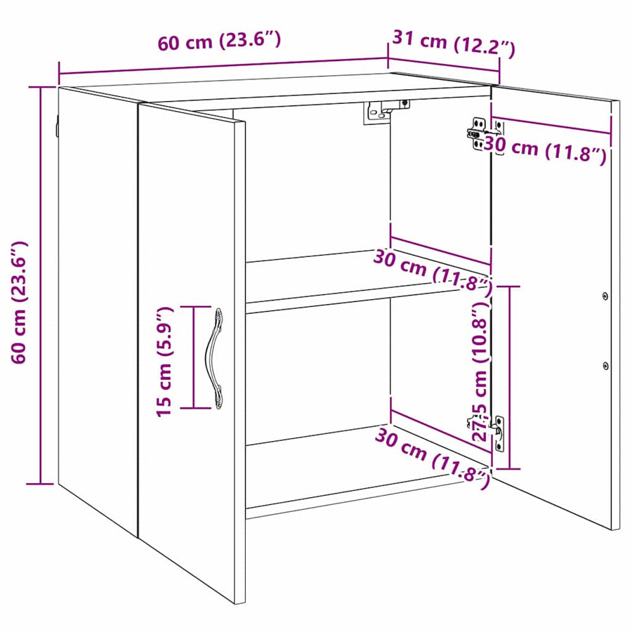 Wandkast artisanaal eikenkleurig 60 x 31 x 60 cm Bewerkt hout