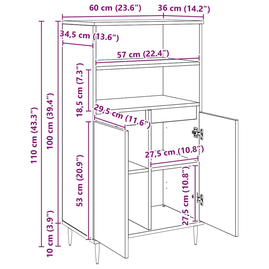 Highboard Zwart 60 x 36 x 110 cm Bewerkt hout