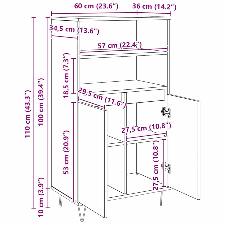 Highboard Bruin 60 x 36 x 110 cm Bewerkt hout