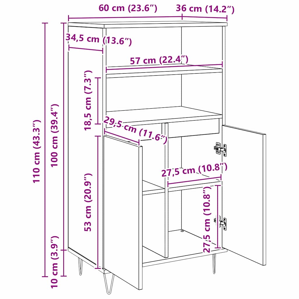 Highboard Bruin 60 x 36 x 110 cm Bewerkt hout