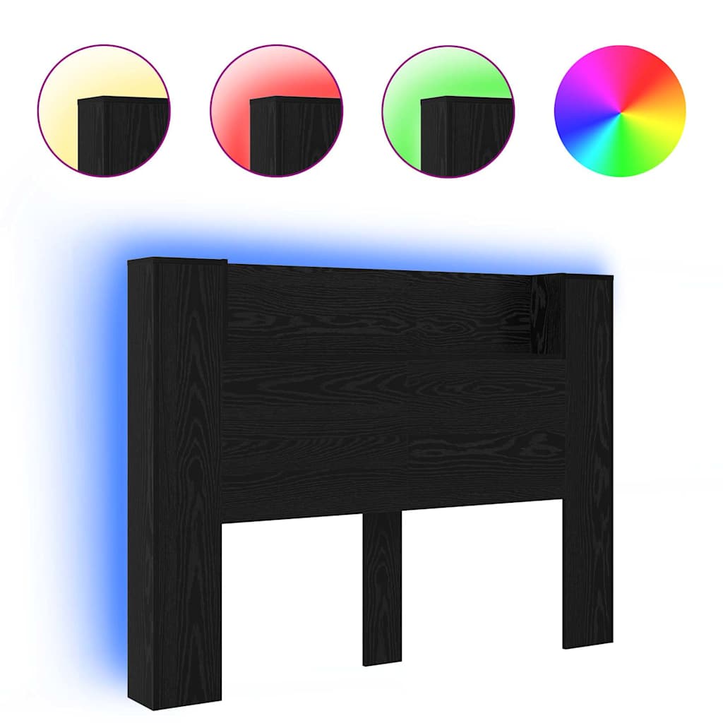 Hoofdeinde kas met LED -striplichten met plank met hoofdeinde met opslag Zwart eiken Bewerkt hout