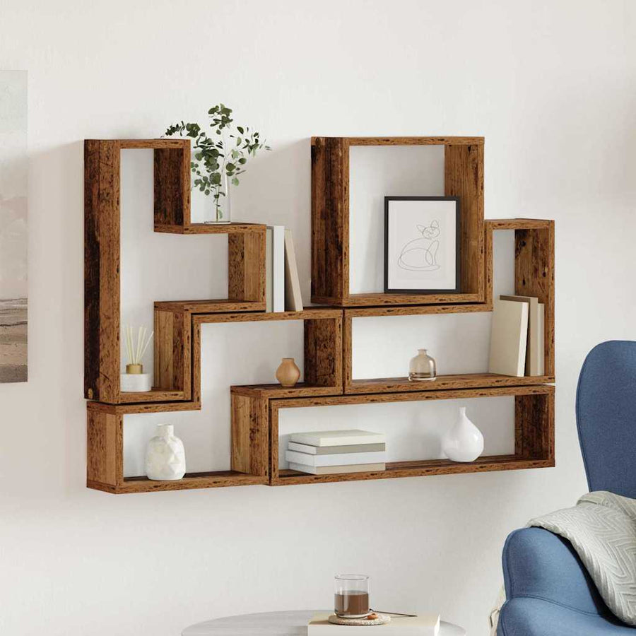 Muur Cube met plank Oud hout 96 x 12 x 64 cm Bewerkt hout