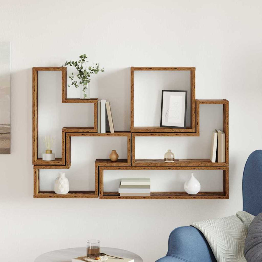 Muur Cube met plank Oud hout 96 x 12 x 64 cm Bewerkt hout