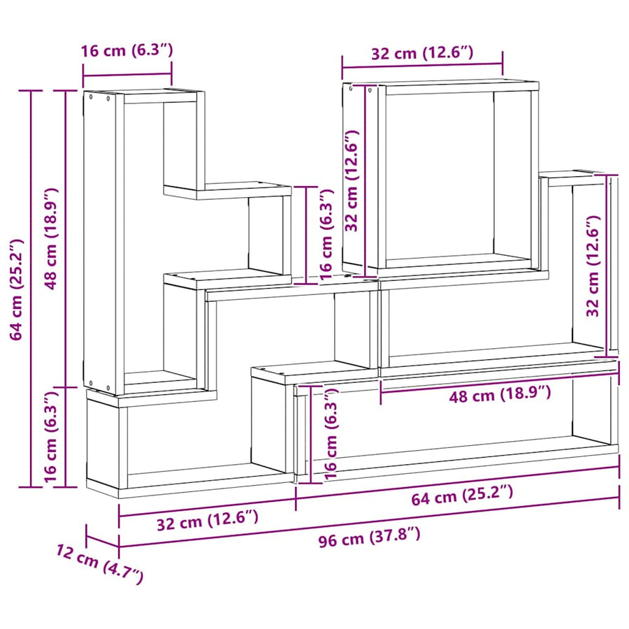 Muur Cube met plank Zwart eiken 96 x 12 x 64 cm Bewerkt hout
