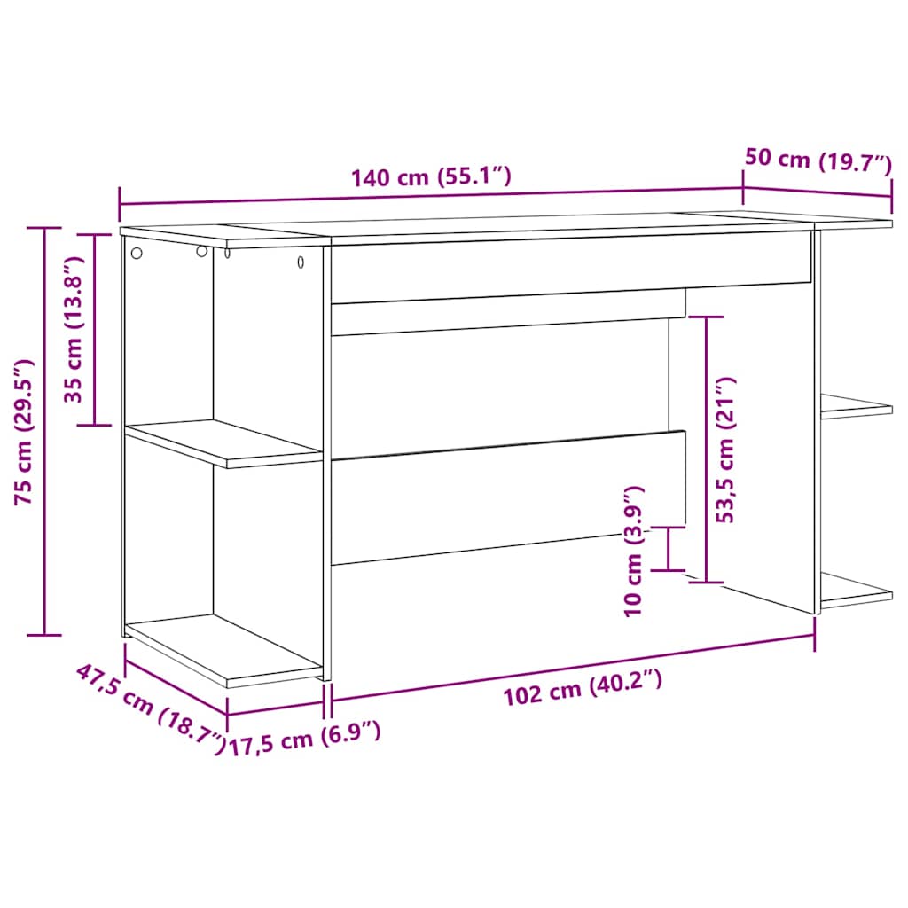 Bureau met plank Zwart eiken 140 x 50 x 75 cm Bewerkt hout