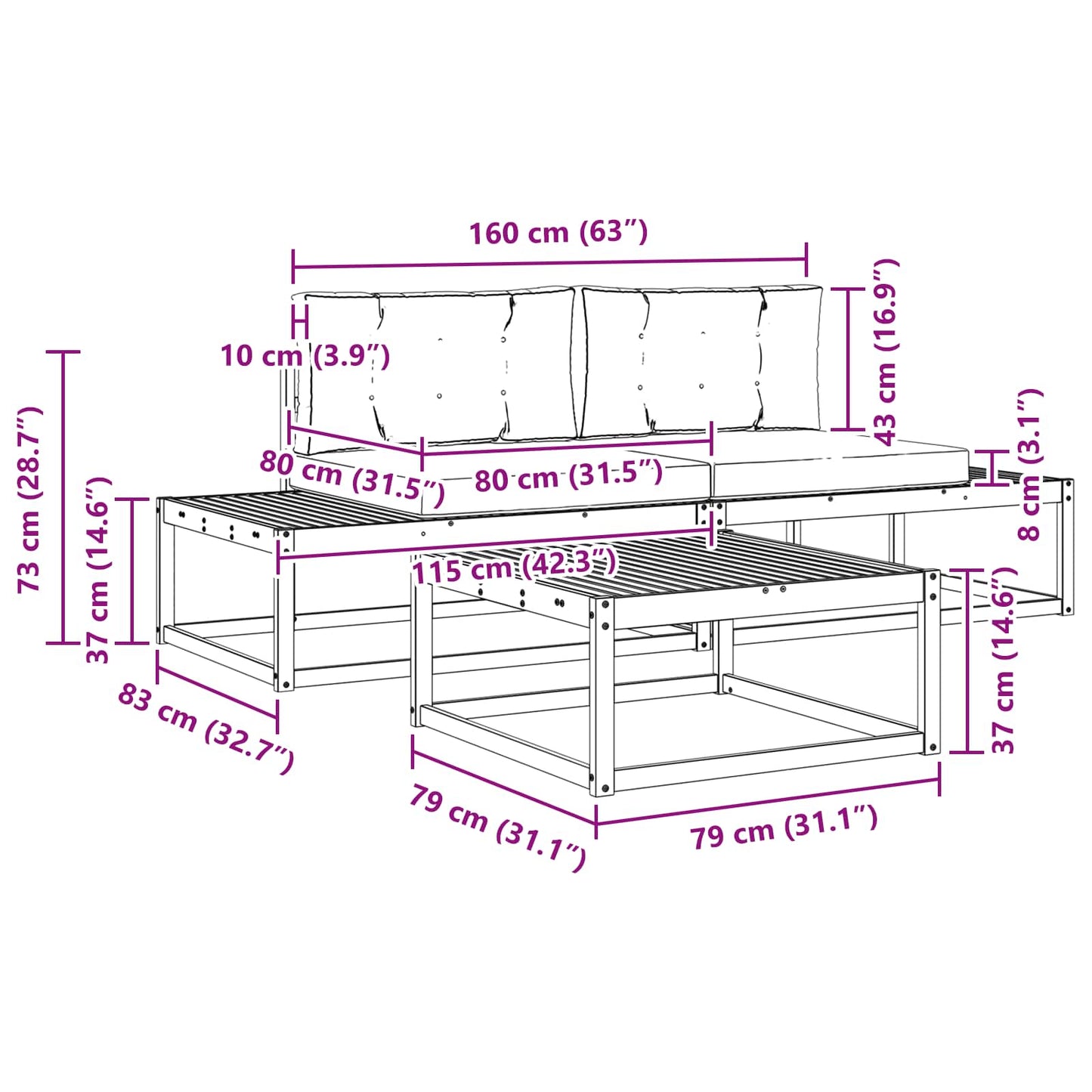 Buiten bankenset met kussen Wit 79 x 79 x 37 cm Polyester