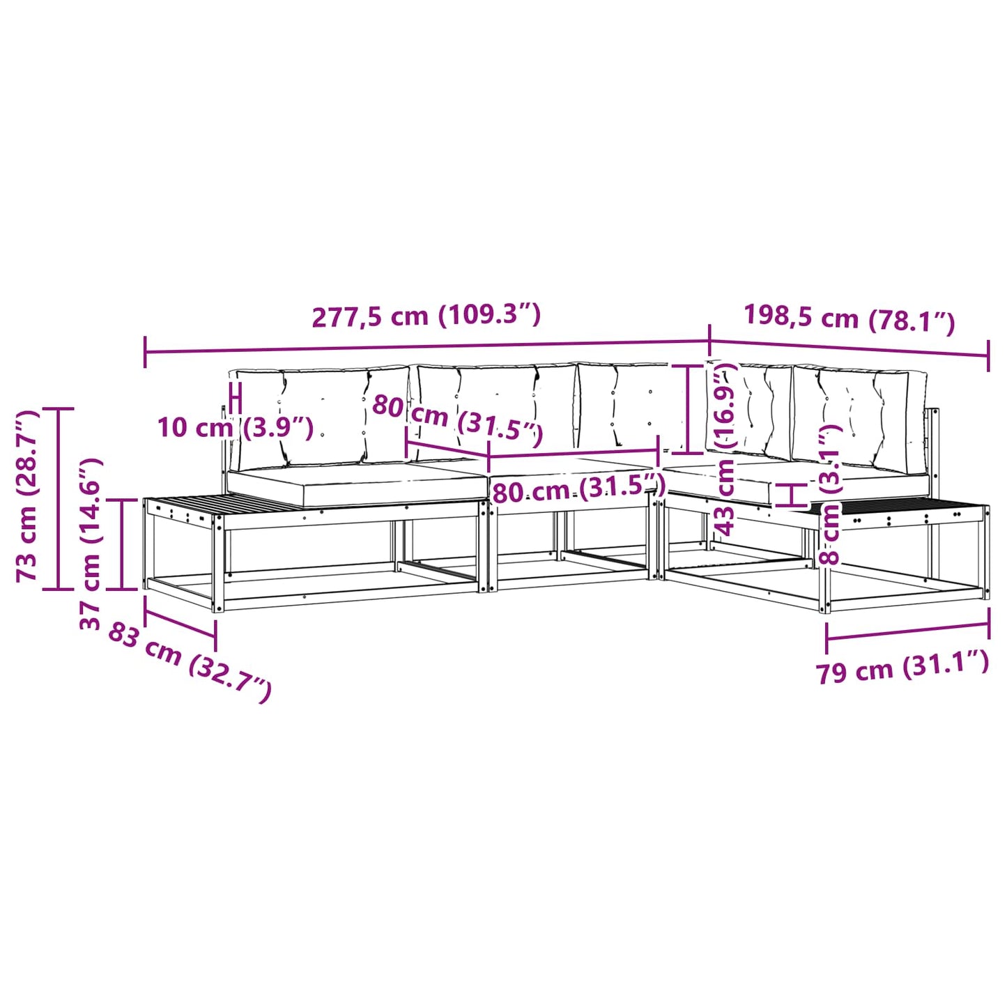 Buiten bankenset met kussen Wit 277,5 x 198,5 x 73 cm Polyester