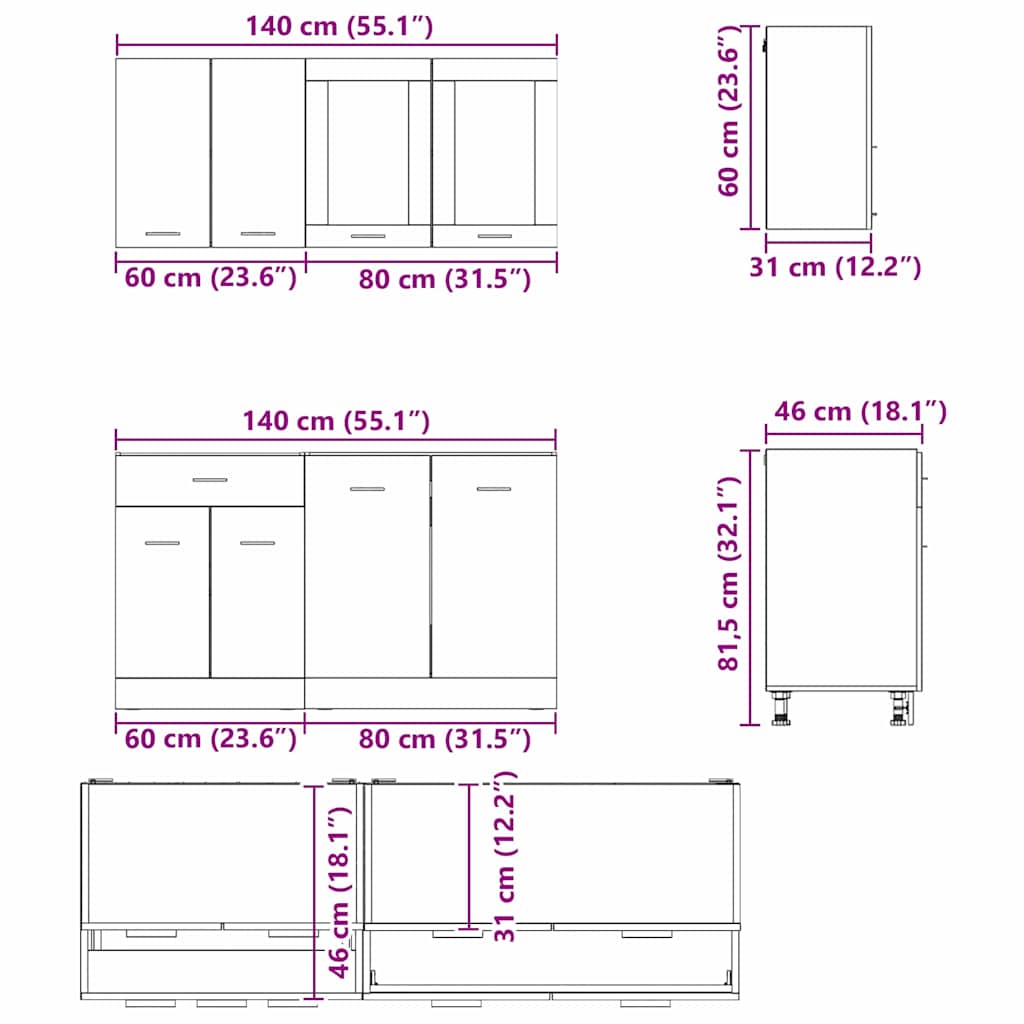 Keukenkastenset Lyon 4 pcs Gerookt eiken 140 x 46 x 81.5 cm