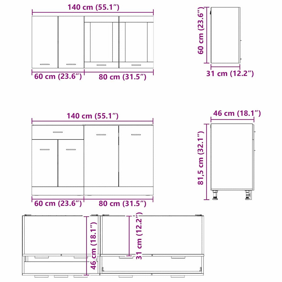 Keukenkastenset Lyon 4 pcs Gerookt eiken 140 x 46 x 81.5 cm