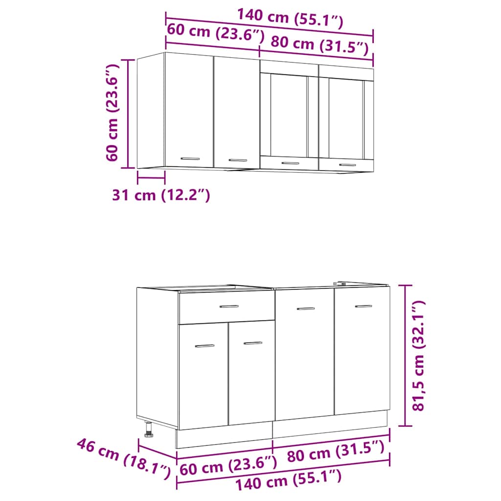 Keukenkastenset Lyon 4 pcs Gerookt eiken 140 x 46 x 81.5 cm
