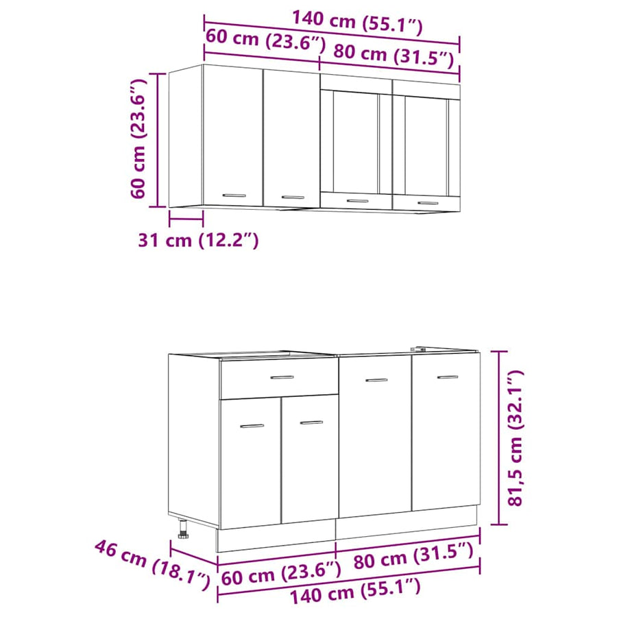 Keukenkastenset Lyon 4 pcs Gerookt eiken 140 x 46 x 81.5 cm