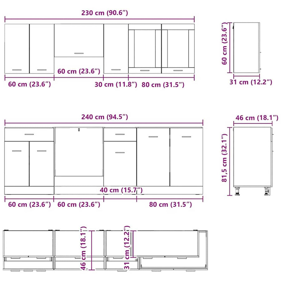 Keukenkastenset met lade Lyon 8 pcs Grijs Sonoma Bewerkt hout