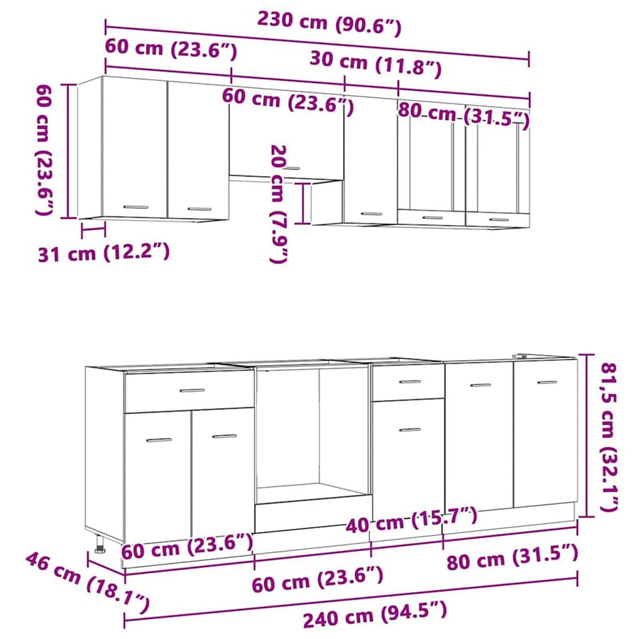 Keukenkastenset met lade Lyon 8 pcs Grijs Sonoma Bewerkt hout
