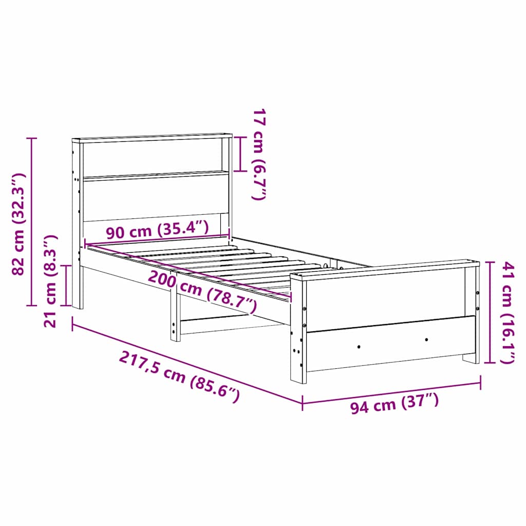 Bedframe met hoofdeinde Wasbruin 90 x 200 cm Massief grenenhout