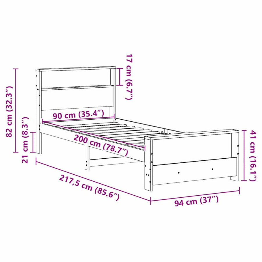 Bedframe met hoofdeinde Wasbruin 90 x 200 cm Massief grenenhout
