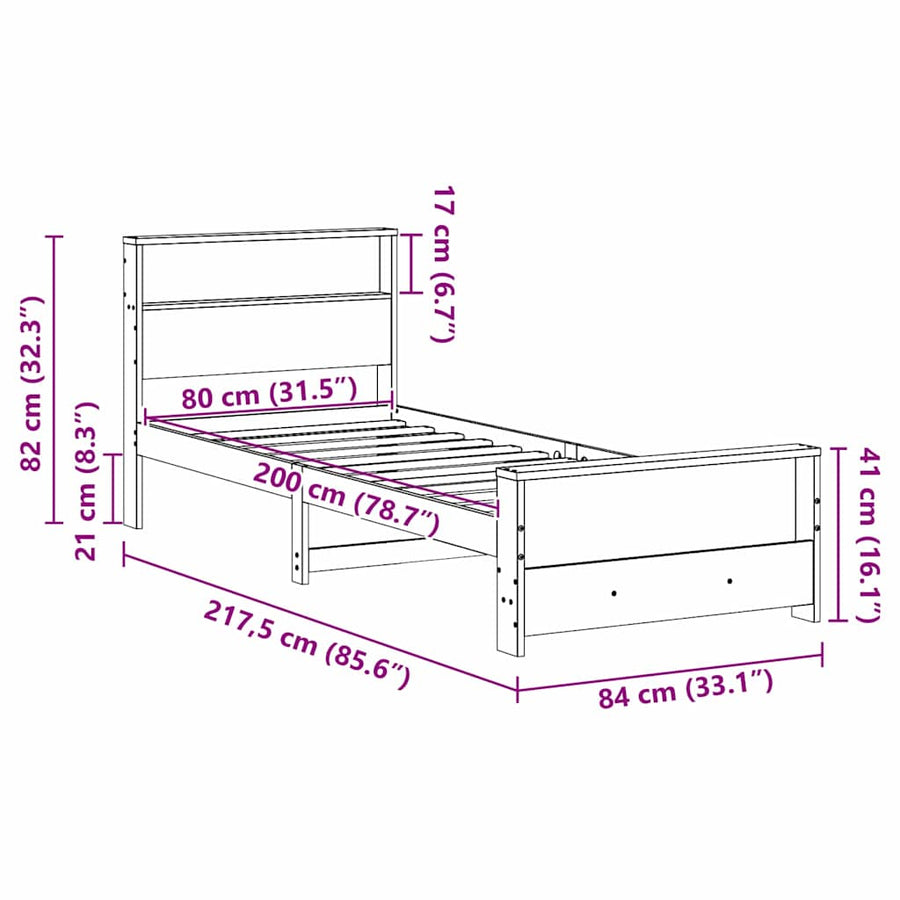 Bedframe met hoofdeinde Wasbruin 80 x 200 cm Massief grenenhout