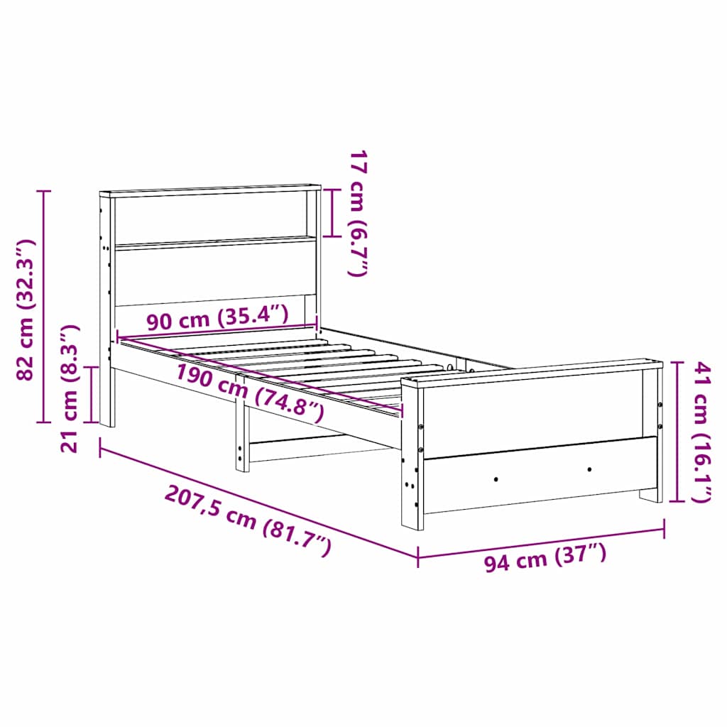 Bedframe met hoofdeinde Bruin 90 x 190 cm Massief grenenhout