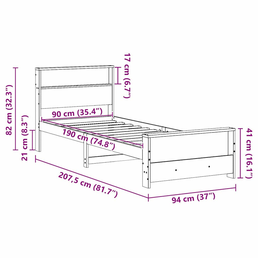 Bedframe met hoofdeinde Wit 90 x 190 cm Massief grenenhout