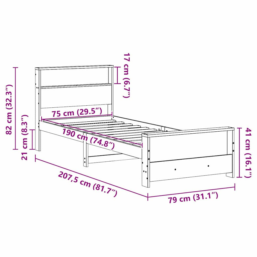 Bedframe met hoofdeinde Bruin 75 x 190 cm Massief grenenhout