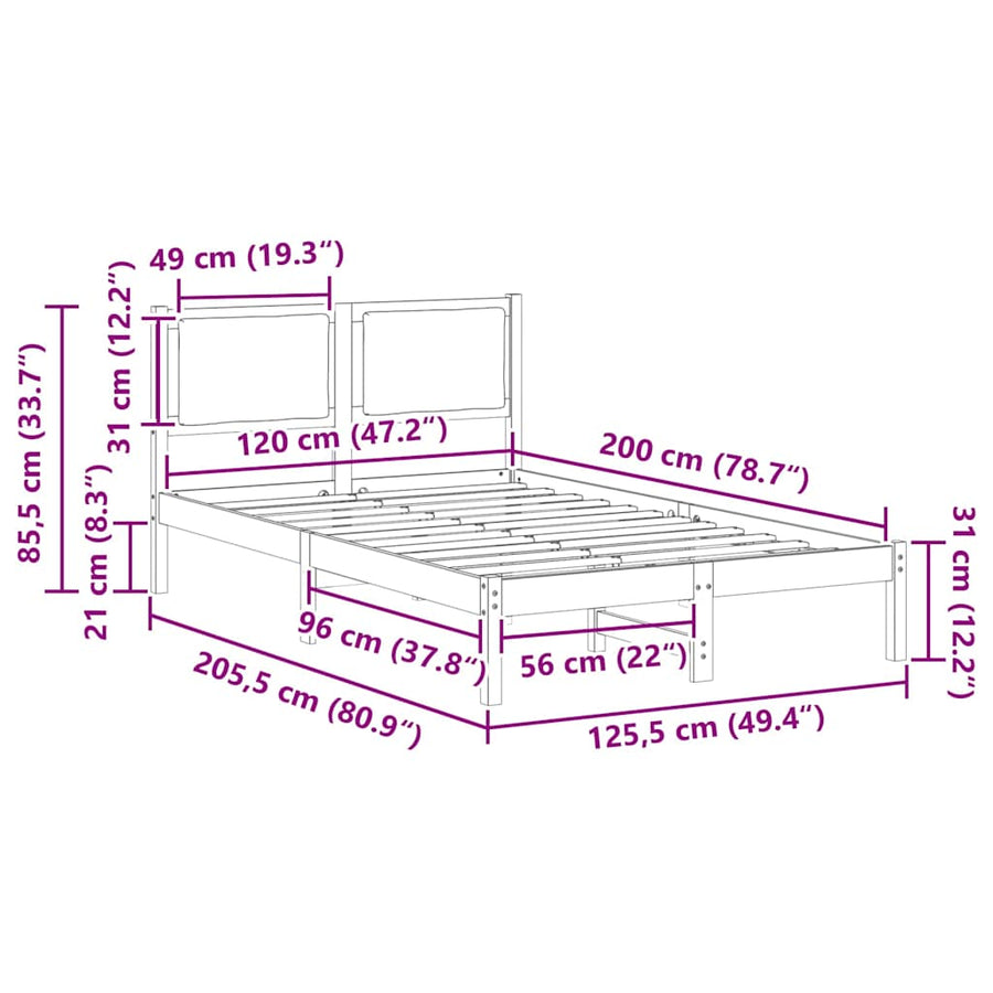 Bedframe Lichtgrijs 120 x 200 cm Massief grenenhout