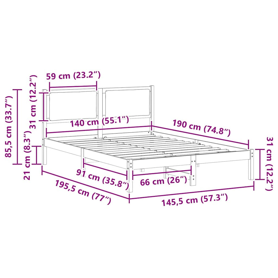 Bedframe Lichtgrijs 140 x 190 cm Massief grenenhout