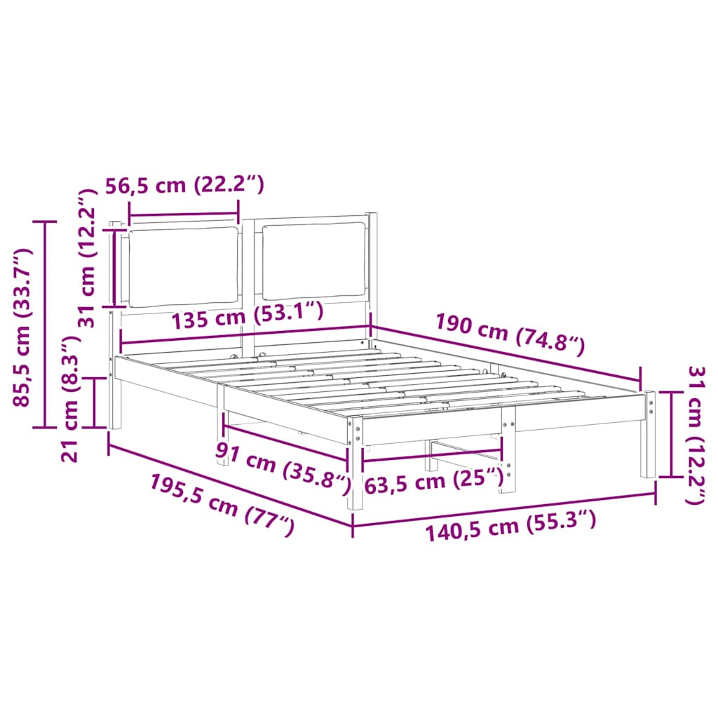 Bedframe met hoofdeinde Taupe 135 x 190 cm Massief grenenhout