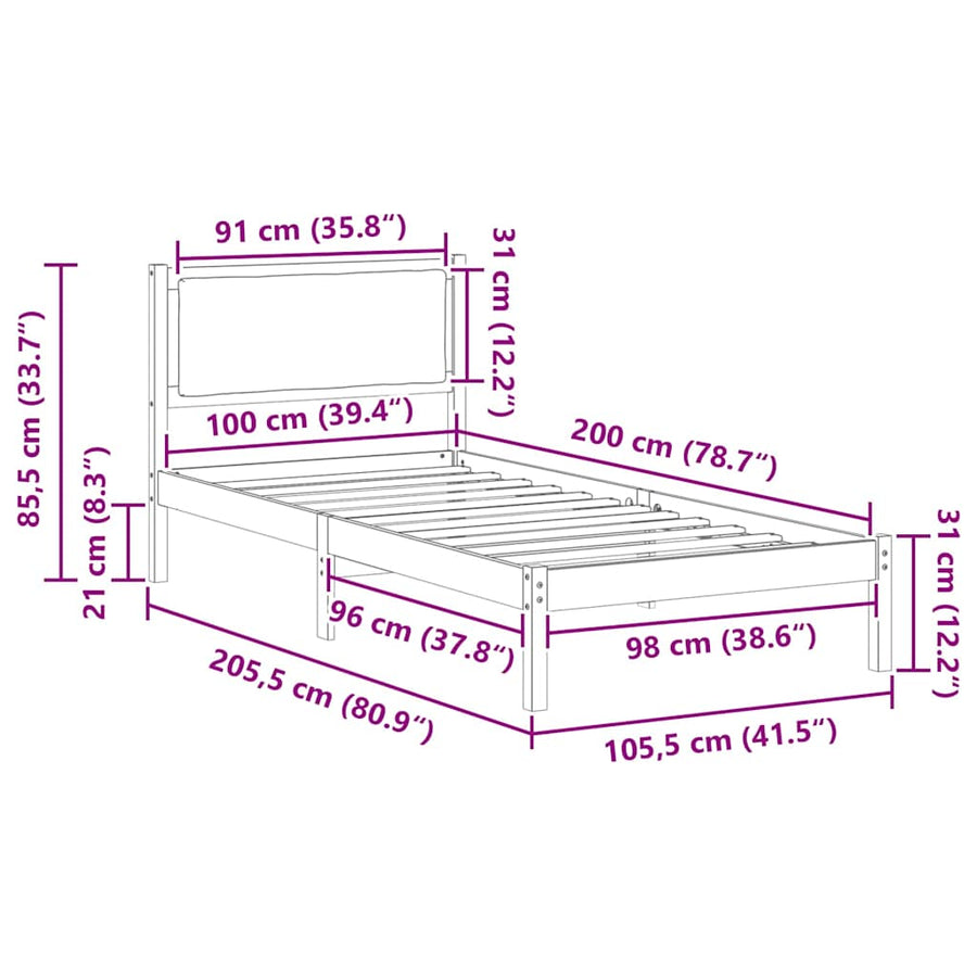 Bedframe Lichtgrijs 100 x 200 cm Massief grenenhout