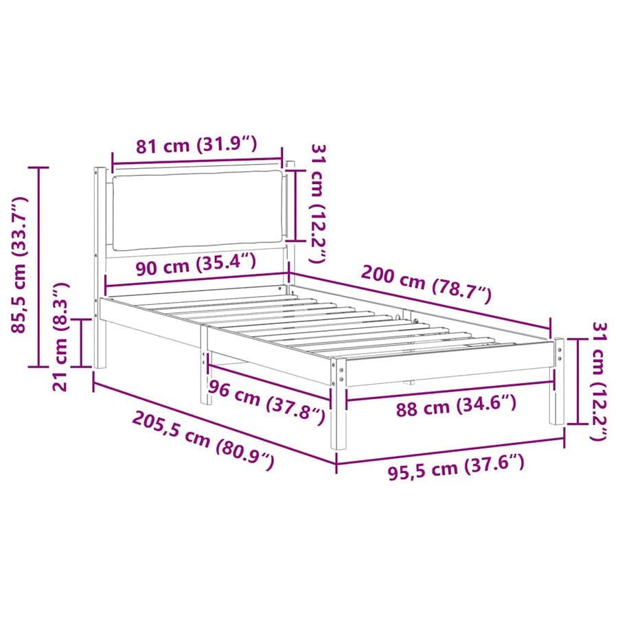 Bedframe Lichtgrijs 90 x 200 cm Massief grenenhout