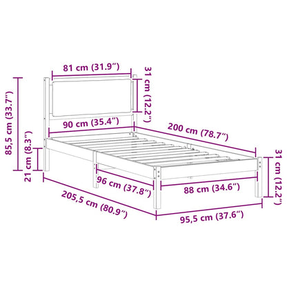 Bedframe Donkergrijs 90 x 200 cm Massief grenenhout