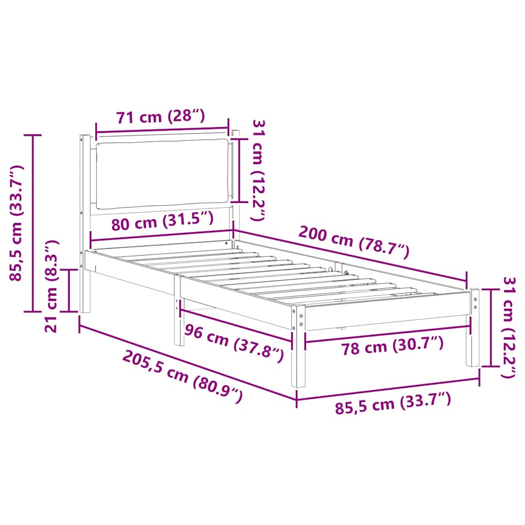 Bedframe met hoofdeinde Taupe 80 x 200 cm Massief grenenhout
