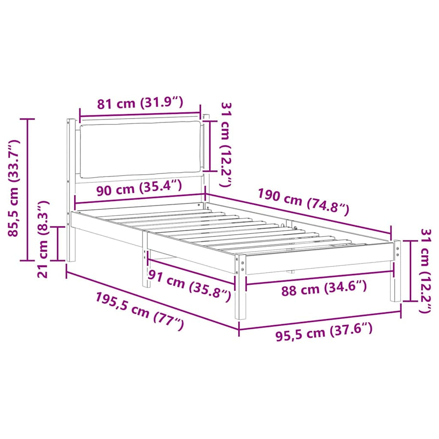 Bedframe Lichtgrijs 90 x 190 cm Massief grenenhout