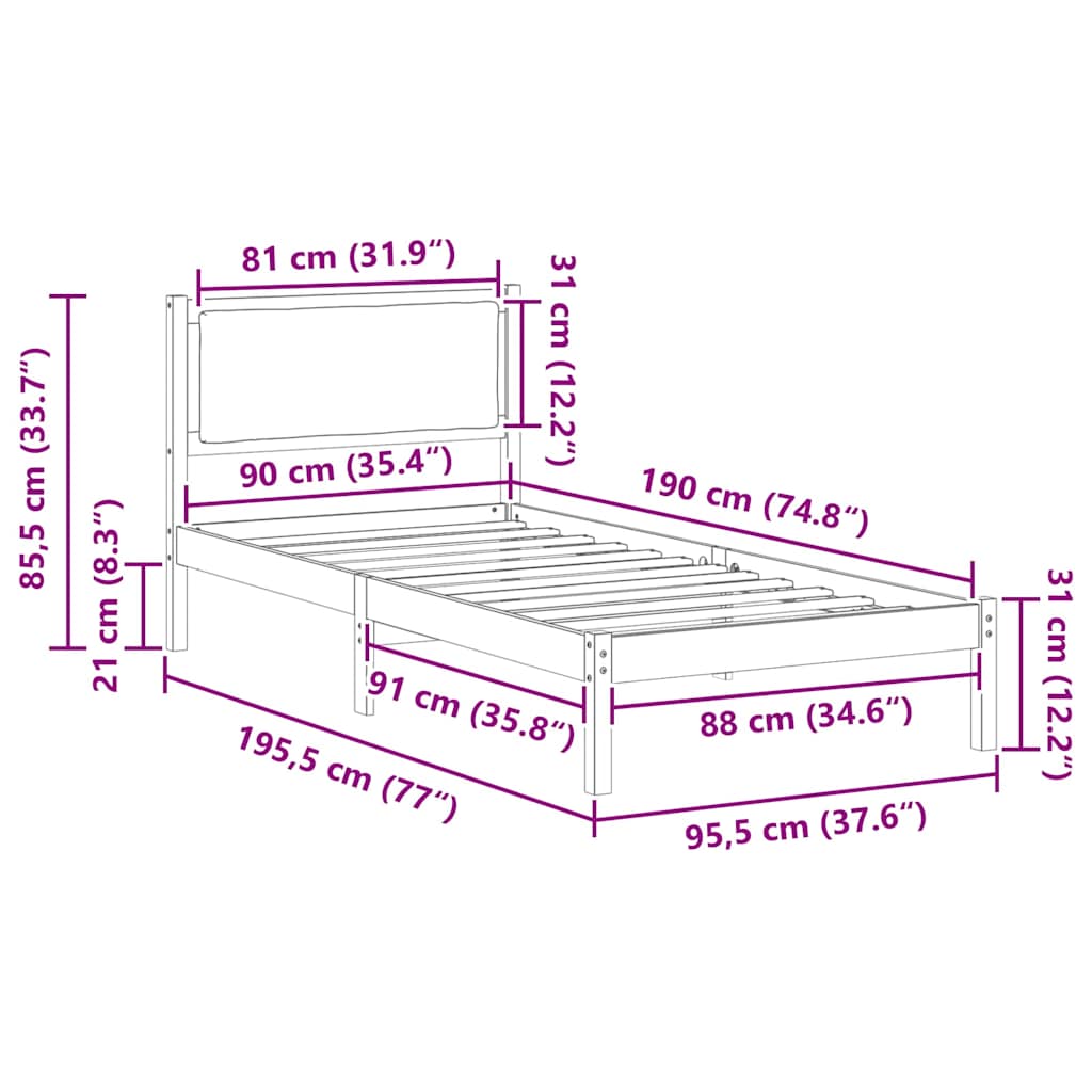 Bedframe met hoofdeinde Zwart 90 x 190 cm Massief grenenhout