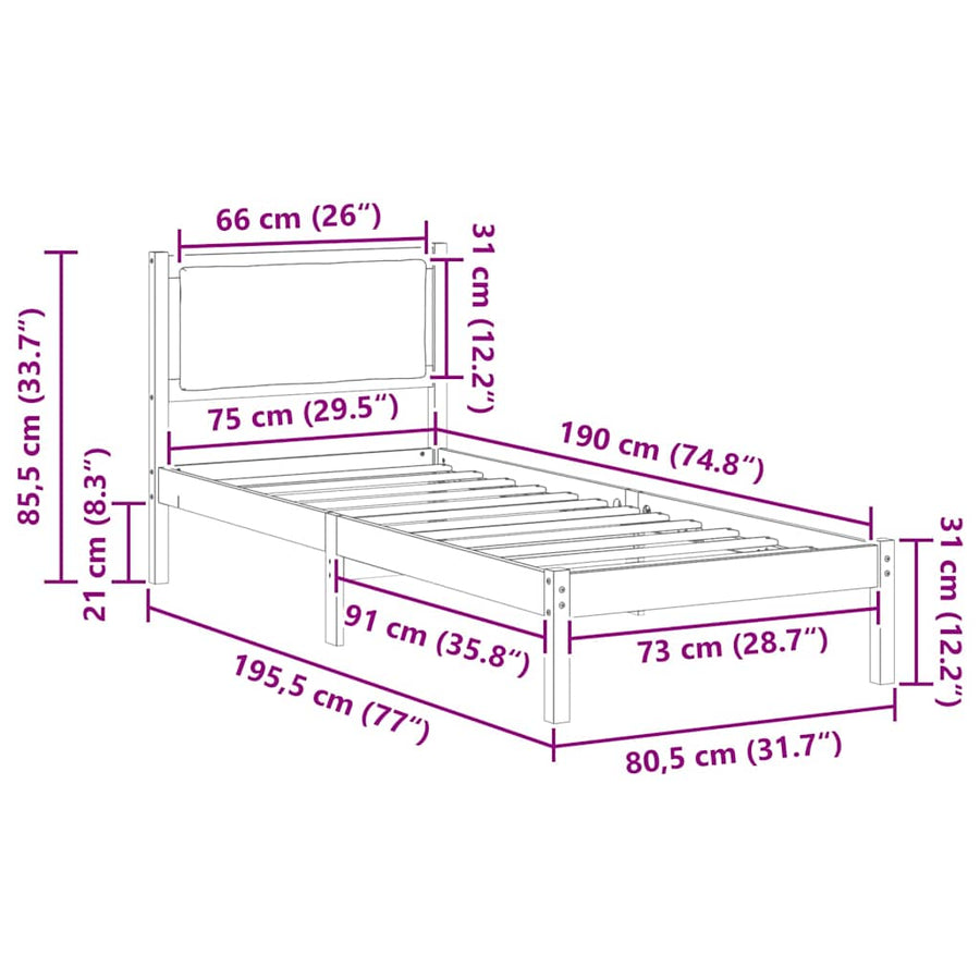 Bedframe met hoofdeinde Zwart 80 x 190 cm Massief grenenhout