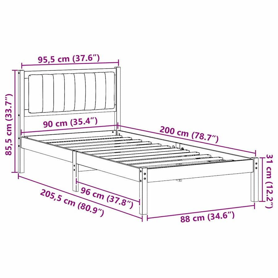 Bedframe met Gevoerd Hoofdgedeelte Lichtgrijs 90 x 200 cm Stof
