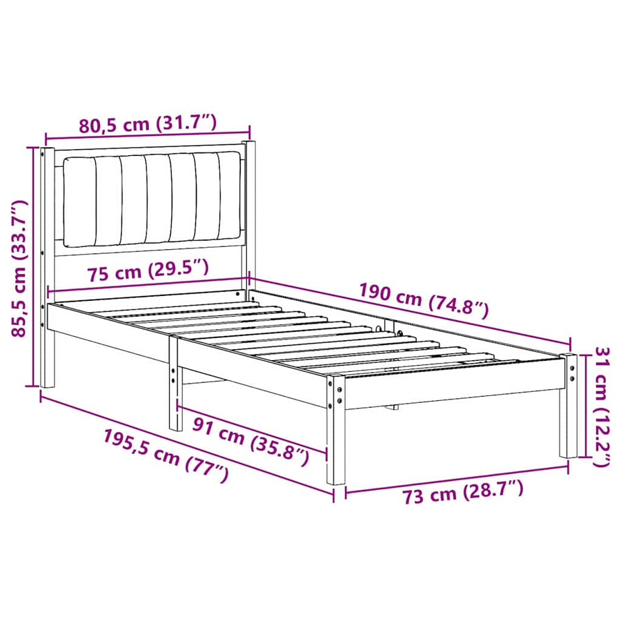 Bedframe met Gevoerd Hoofdgedeelte Zwart 75 x 190 cm Stof