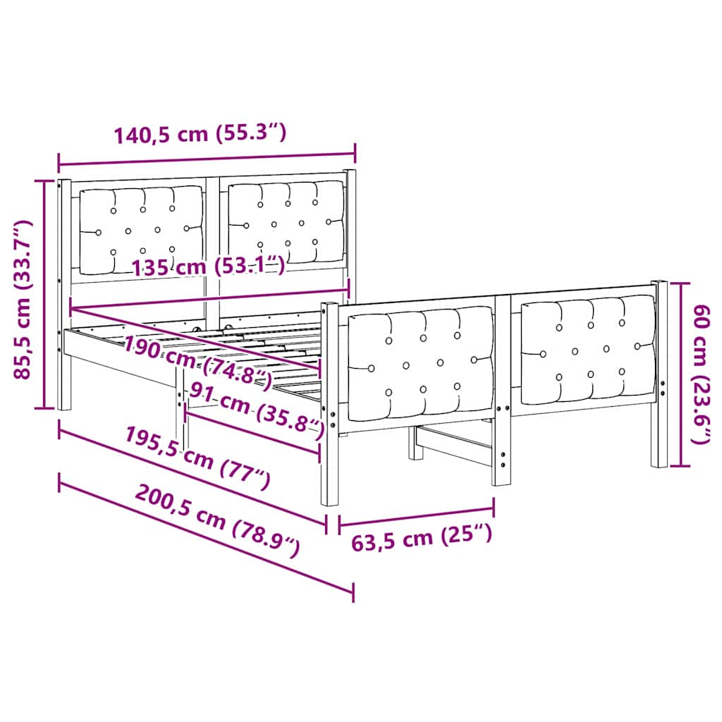 Bedframe Lichtgrijs 135 x 190 cm Massief grenenhout