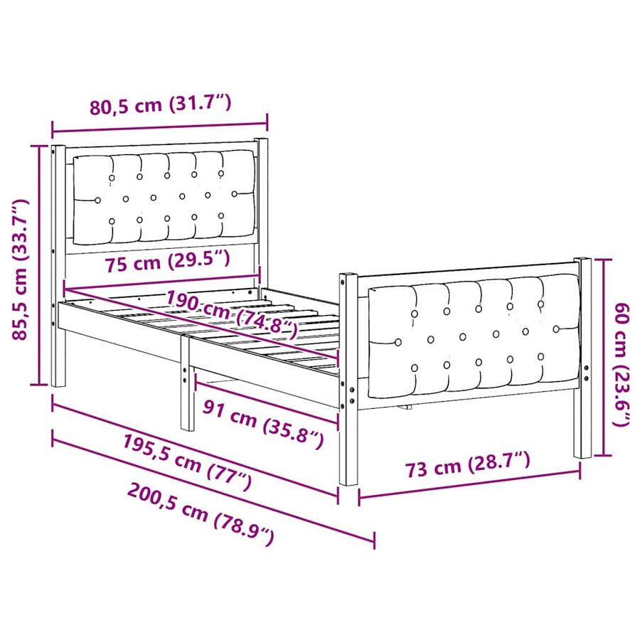 Bedframe met hoofdeinde Lichtgrijs 75 x 190 cm Stof