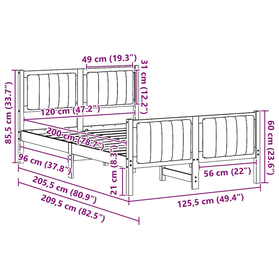 Bedframe Bruin en donkergrijs 120 x 200 cm Massief grenenhout