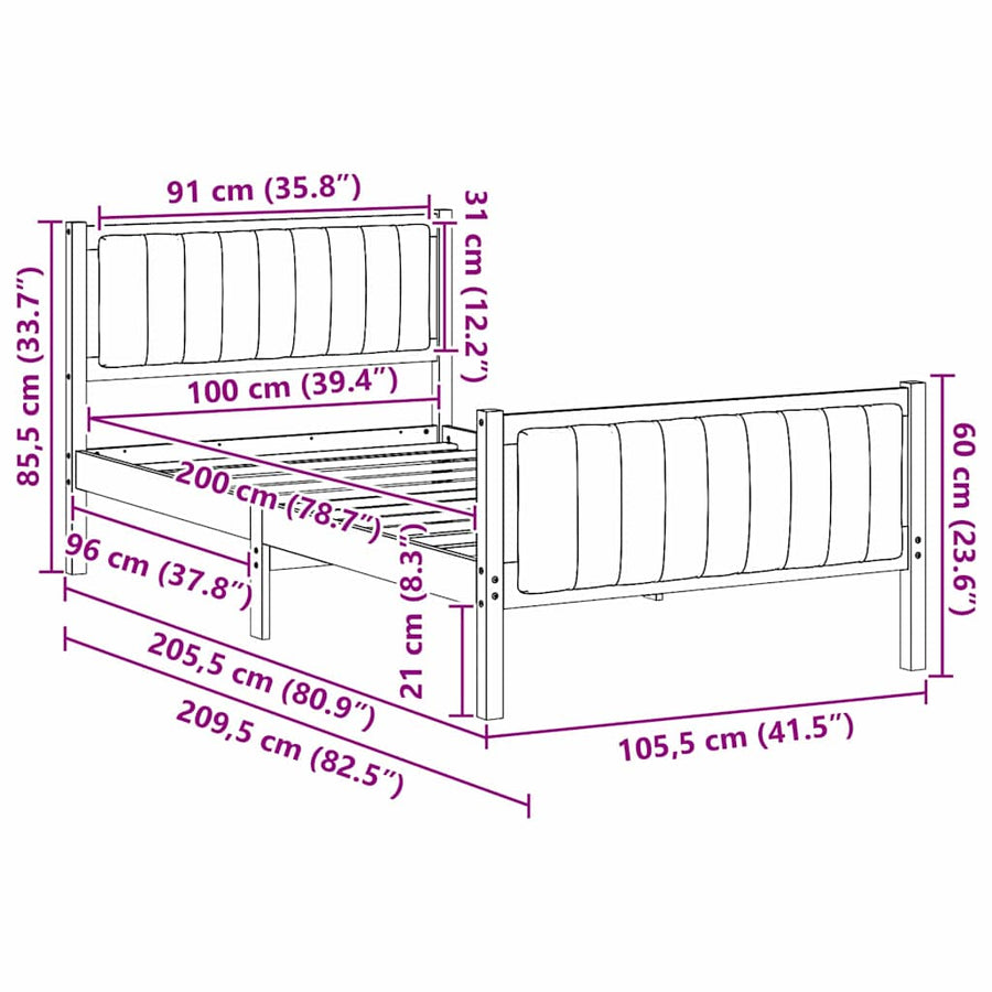 Bedframe Bruin en lichtgrijs 100 x 200 cm Massief grenenhout