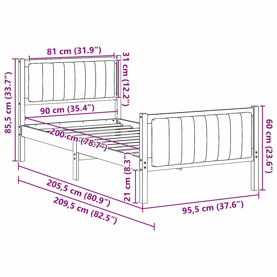Bedframe Wit en lichtgrijs 90 x 200 cm Massief grenenhout