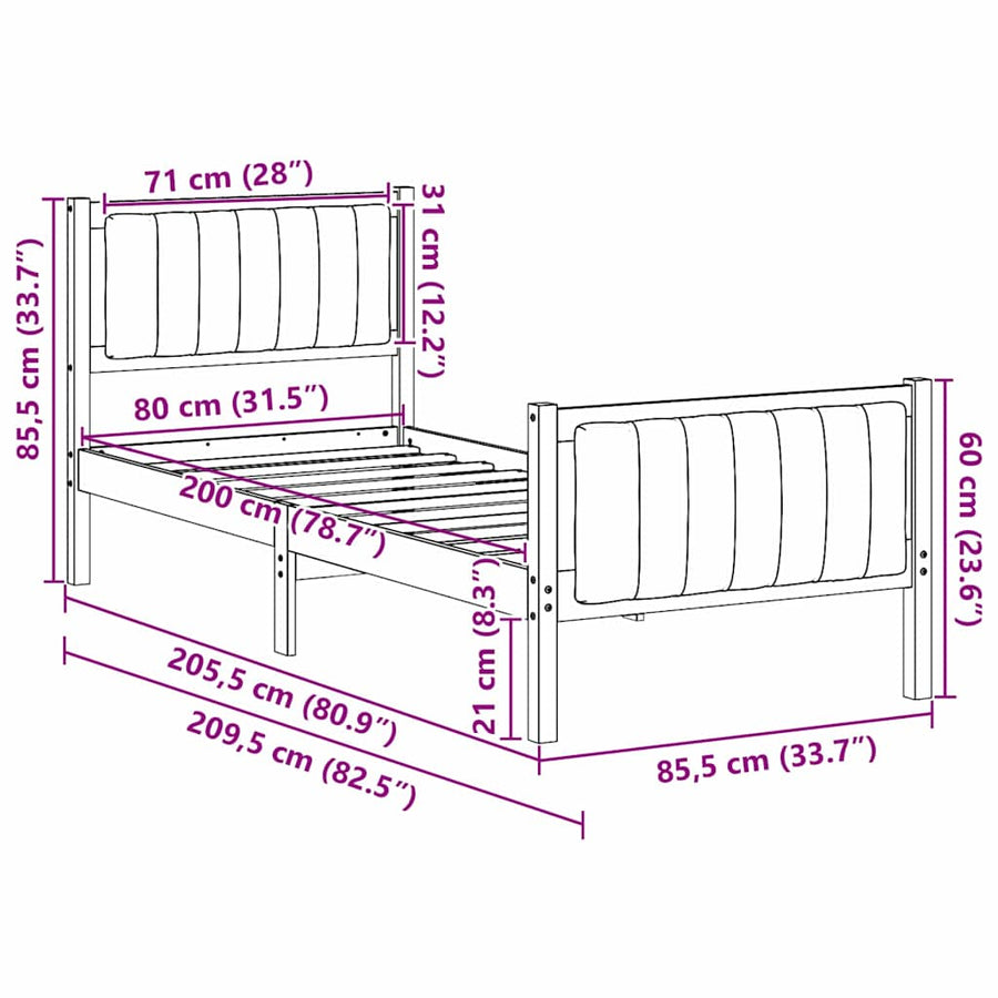 Bedframe Bruin en lichtgrijs 80 x 200 cm Massief grenenhout